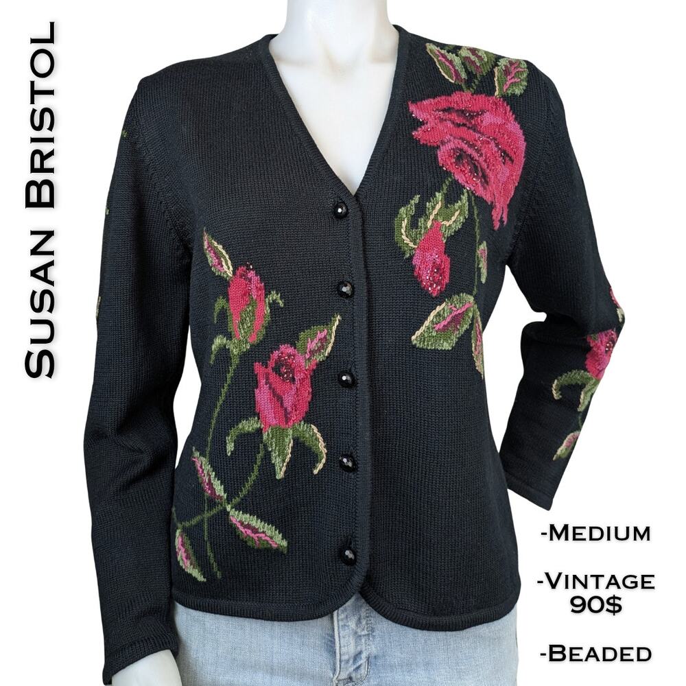 Susan Bristol 90s Cardigan Sweater Medium Black Pink Floral Beaded Cottagecore